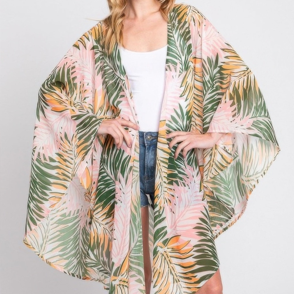 Tropical Leaves Print Shawl Cover-up